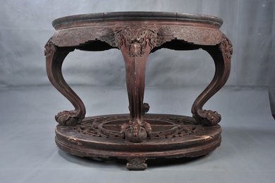 清雕花圆木桌(带底座)