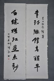 1987年谢梓文行书“李诗·白练”对联