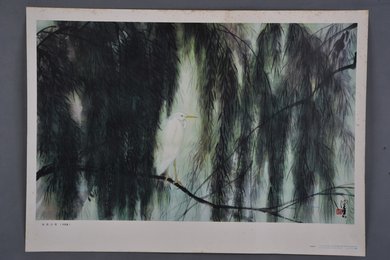 现代印刷品柳阴白鹭镜片